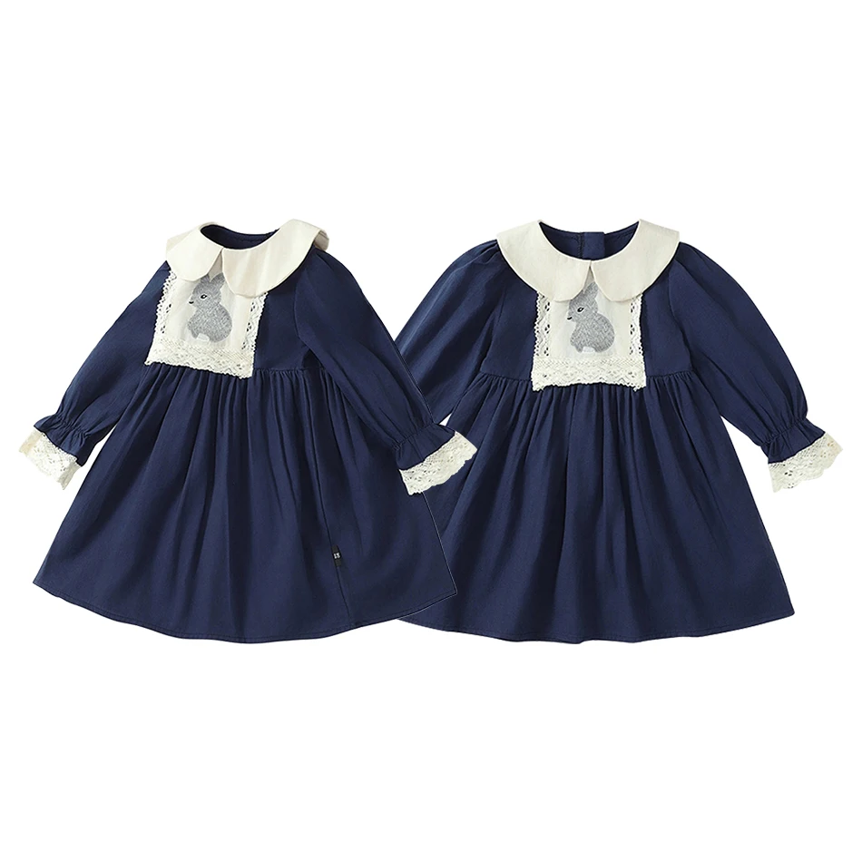 Adorable Girls Long Sleeve Embroidered Rabbit Casual Dresses Peter Pan Collar Designed for Ultimate Comfy Style in Spring Autumn