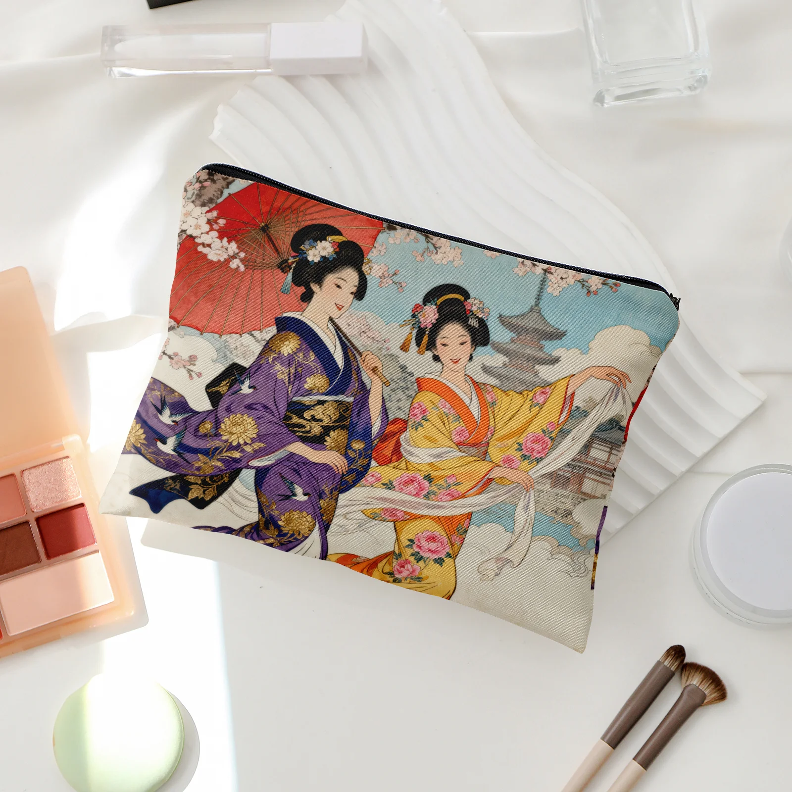 Traditional Japanese Ukiyo E Style Storage Bag Double Sided Prints of Geishas Cherry Blossoms Kimono Suitable Travel Toiletries
