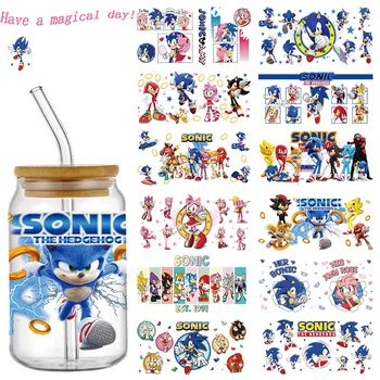 การ์ตูน Sonic The Hedgehog UV DTF Cup Wrap Transfers สติกเกอร์สําหรับ 16oz Libbey แก้วปรับแต่งกันน้ํา SelfAdhesive