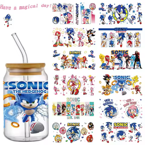 Cartoon Sonic The Hedgehog UV DTF Cup Wrap Transfers Stickers For 16oz Libbey Glass Can Personalize Waterproof Selfadhesive
