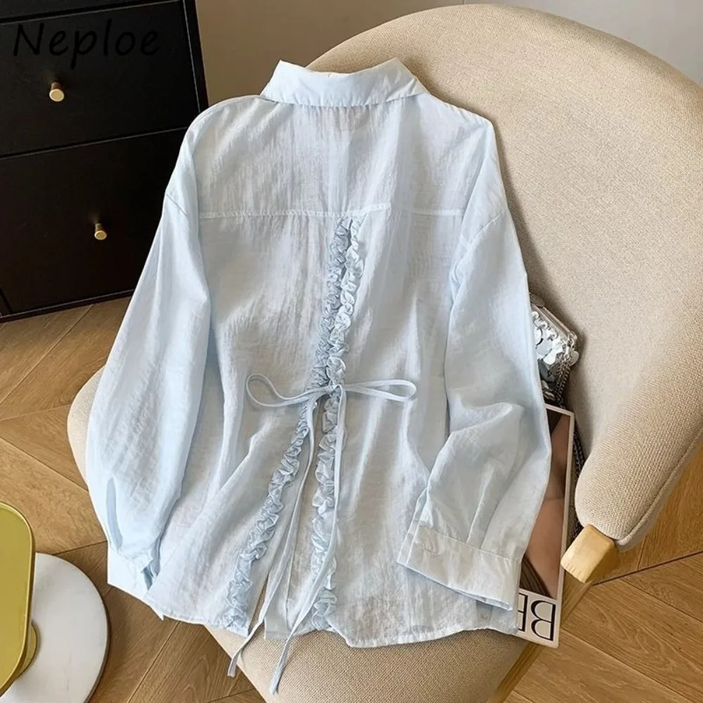 

Neploe Simple Office Lady Fungus Vent Lace Up Shirt Ruched Loose All-match Blouses Sunscreen Literary Mid-length French Blusas