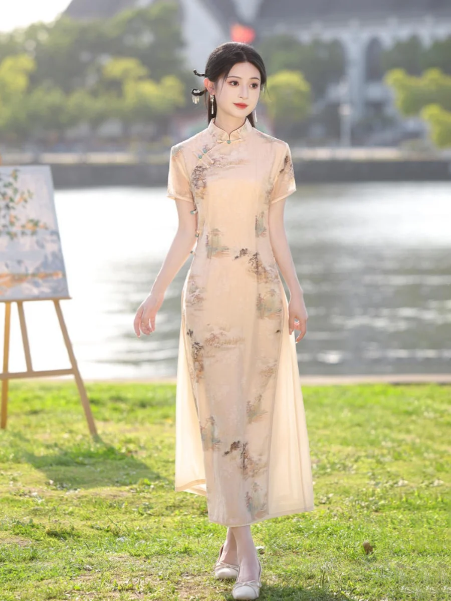 

Костюм Ele Young Sle в китайском национальном стиле для повседневной носки, из полиэфирного волокна, с коротким рукавом, длинный