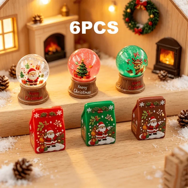6Pcs Christmas Mini Figurine Set, Elk Snow Globe & Gift Box Resin Ornaments, for Diorama Car Party Decor, Xmas Collectible Gift
