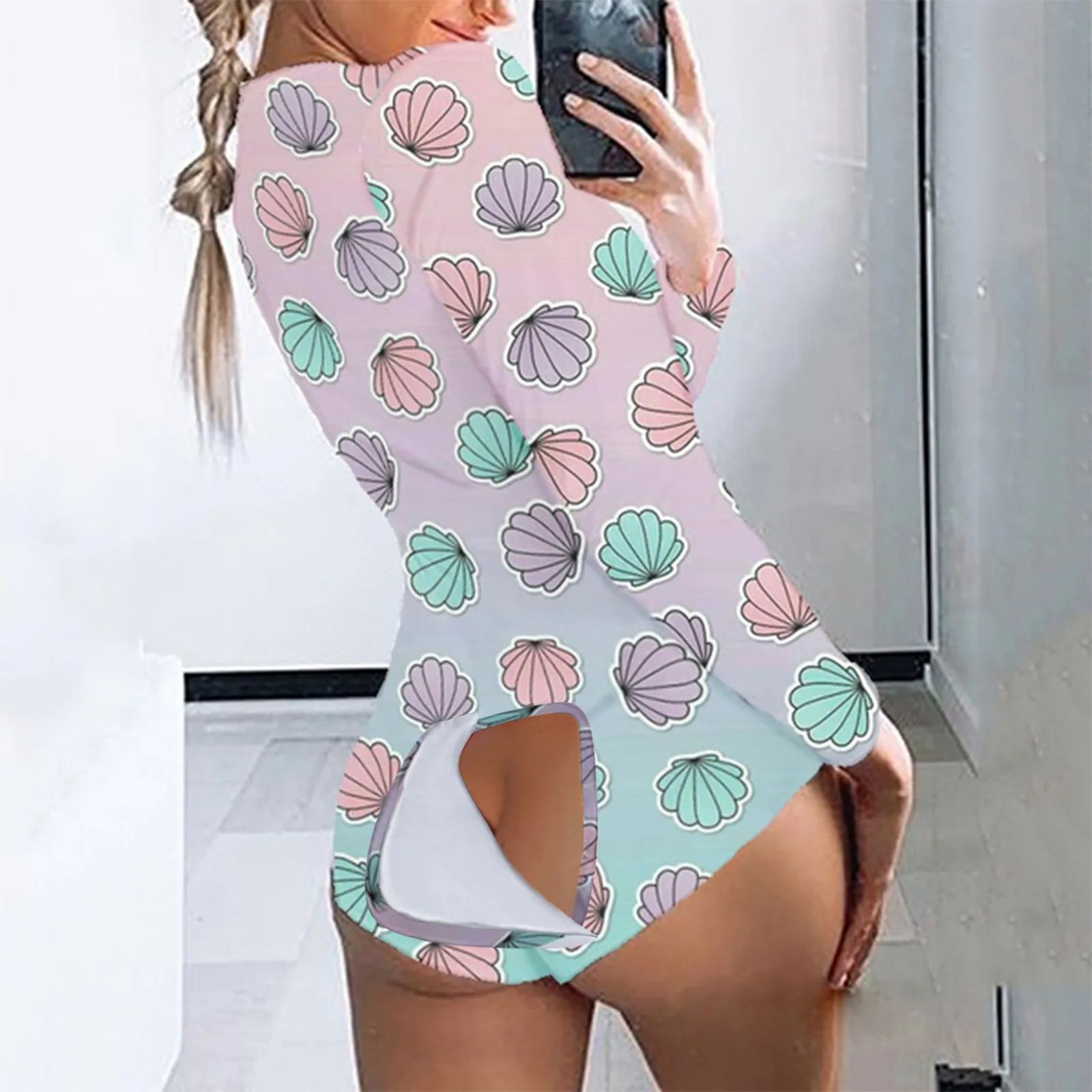 Peach Cotton Candy Printed Onesies Pajamas Adults Functional Button Flip Jumpsuit One Piece Romper Nightwear Without Positioning