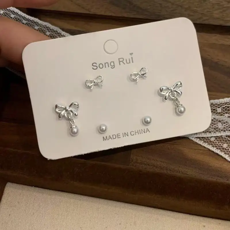 3 Pairs Silver Bow Pearl Stud Earrings Set Versatile Dainty Shiny Jewelry for All Seasons Daily Dates Wedding Guest Wear