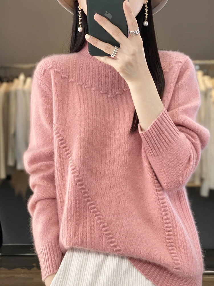 Autumn Winter 100% Merino Wool Loose Pullover Cashmere Sweater For Women Thickened Twist Flower Mock-neck Knitwear New Fashion