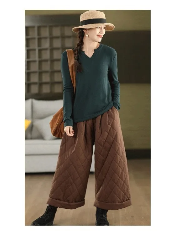 الرجعية القطن واسعة الساق السراويل النسائية الفنية عارضة عالية الخصر الماس نمط فضفاض صالح مستقيم أنبوب السراويل للسيدات