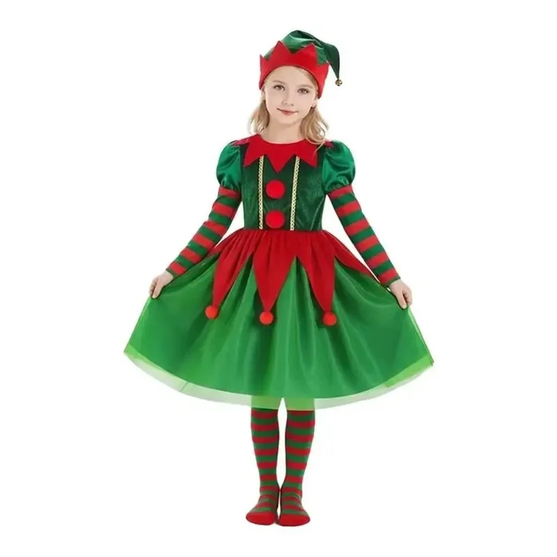 Weihnachtself Cosplay Kostüm für Jungen Mädchen Rot Grün Santa Helfer Outfits Festliche Party Performance Kleid Weihnachten Cos Uniformen