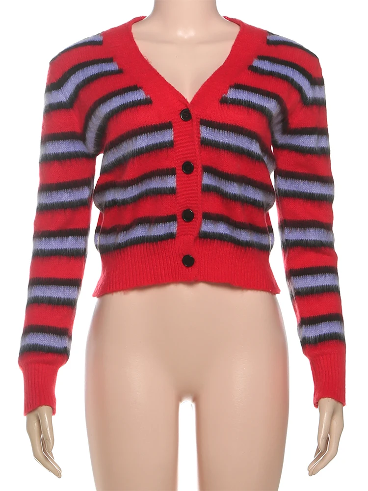 

Cutenew винтажные женские свитера в полоску, осенние хипстерские однобортные узкие топы с v-образным вырезом и длинными рукавами, женские уличные пальто