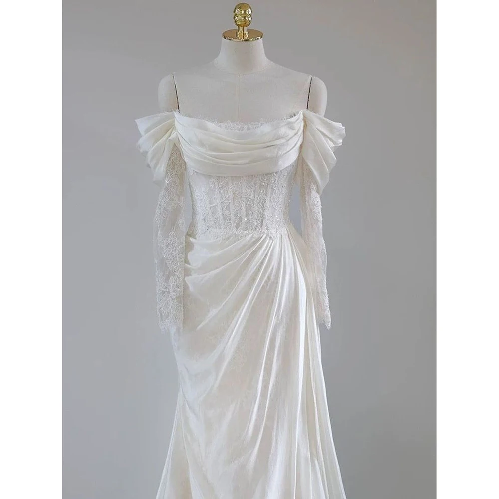 Elegant White Satin Off-Shoulder Mermaid Dress with Lace Flower Sleeves High Slit Bridal Evening GownFormal Party Dress