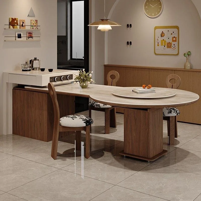 Rock slab island dining table integrated household high-end mid-island table variable round dining table y