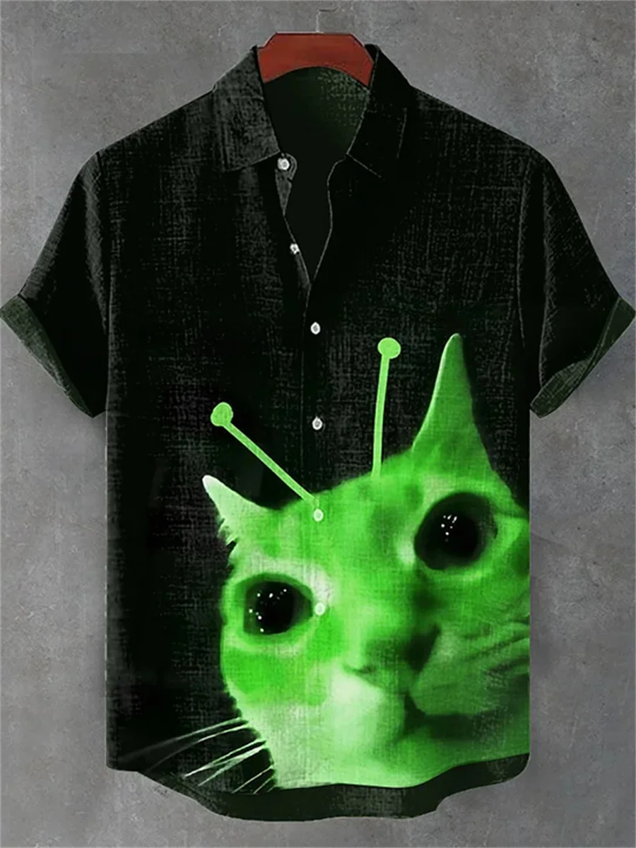 고양이와 파란 물고기가 프린트된 남성용 반팔 셔츠, 칼라 디자인, 캐주얼 남성용 상의, 야외 해변 하와이안 셔츠.