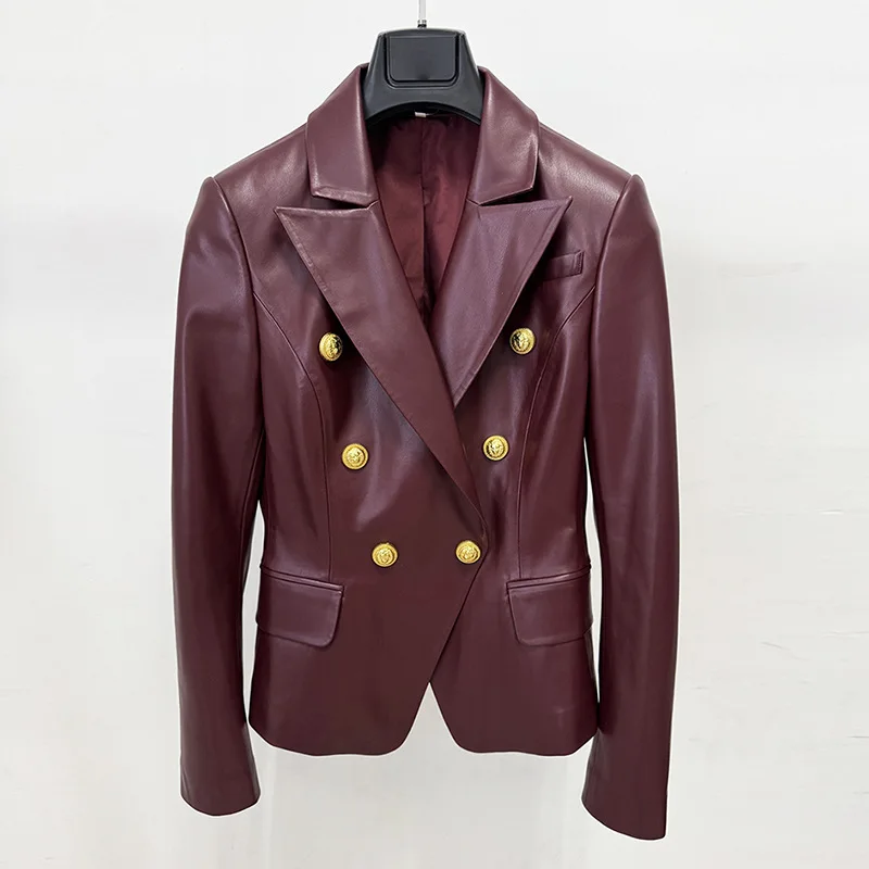

Luxury Wine Red Faux Leather Blazer Women Vintage Gold Lion Button Suit Jacket Elegant Party Club Evening Prom Birthday Outfit
