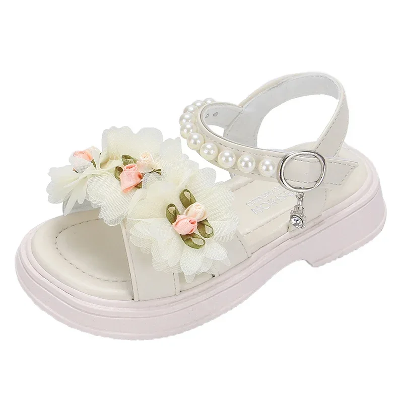 Girls Flowers Sandals Kids Sweet Princess Shoes for Party Wedding Kids Leather Sandals French Style Chic Summer Fashion 2024 New