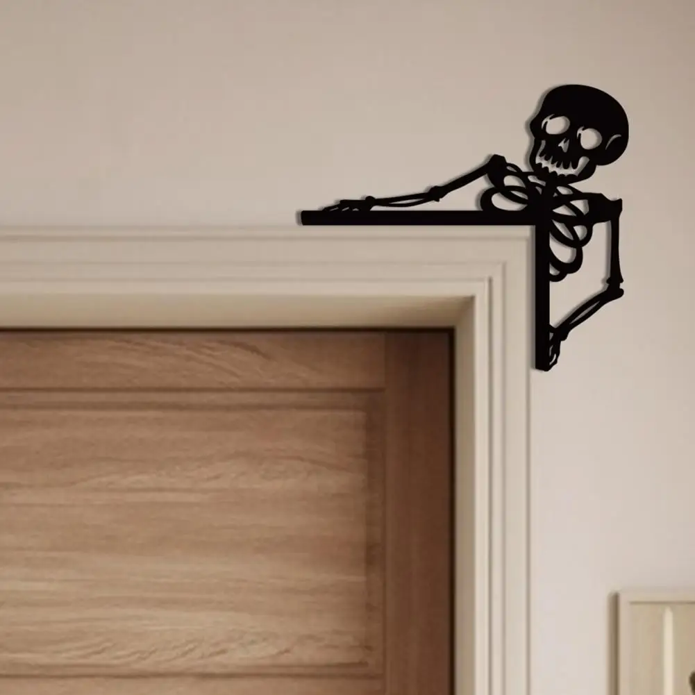 Door Sitter Decoration Halloween Wooden Door Frame Decor Set with Black Broom Witch Skeleton Pumpkin Silhouette Front Door Edge