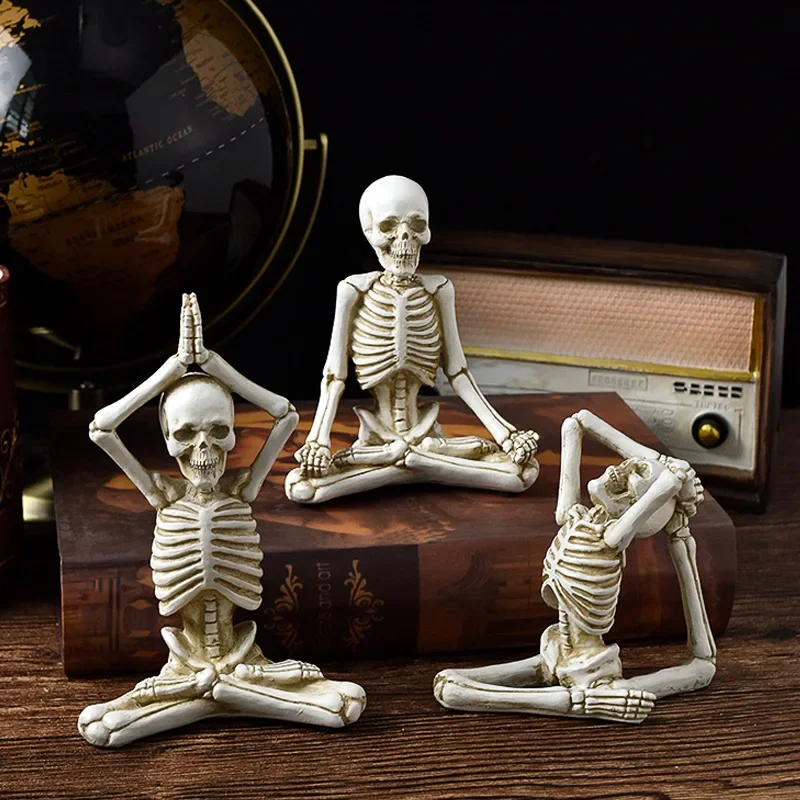 

Vintage Skull Figurine Resin Haunted House Props Halloween Holiday Atmosphere Ornament Yoga Human Skeleton Statue for Home Decor