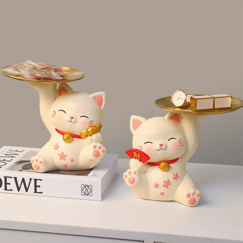 Resin Lucky Cat Storage Tray Korean Cartoon Cat Ornament Home Entrance Decoration Tray Living Room Organizer Storage Supplies