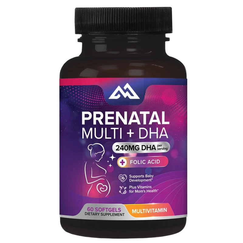 Female prenatal multivitamin containing folic acid, Omega 3, vitamin D3, B6, B12, and iron DHA, non GMO-60 soft capsules