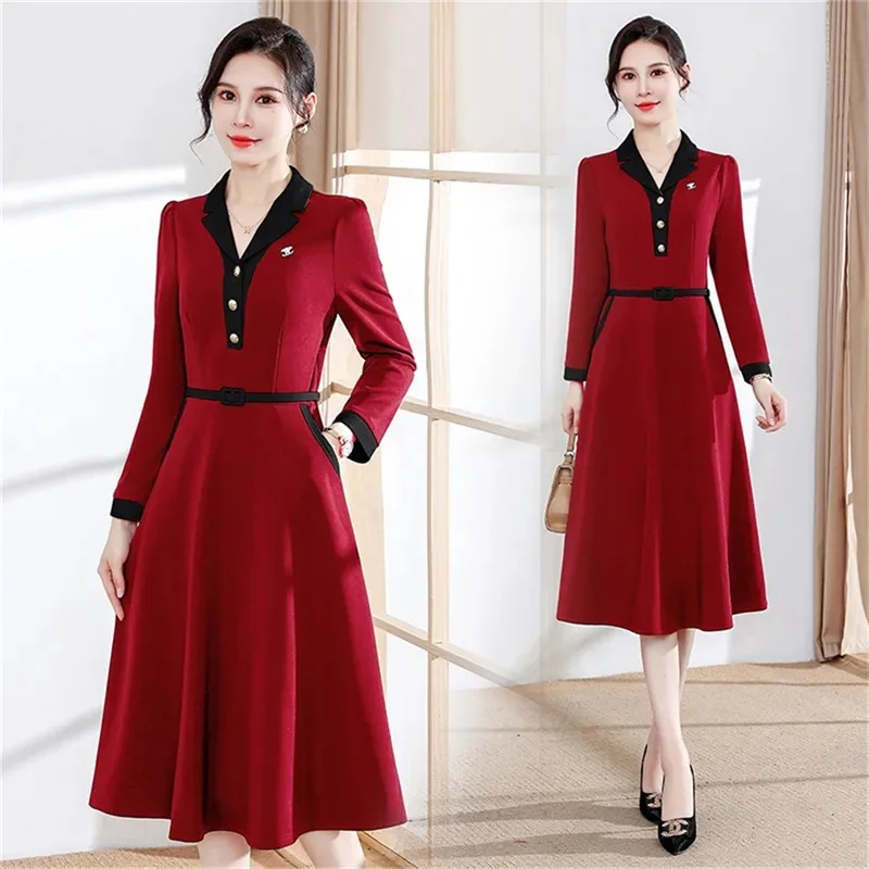 High End Long Sleeved Dress Women\'s Mid Length 2023 Spring Autumn New Fashion Versatile Slim And Belly Covering Dress With Belt