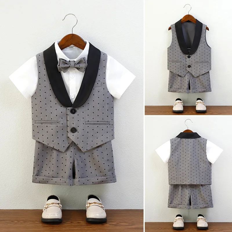 

Children's Summer Dress Vest Suit Polka-dot Boy Hosting Piano Catwalk Performance Costume Kids Waistcoat Shorts Bowtie Outfit