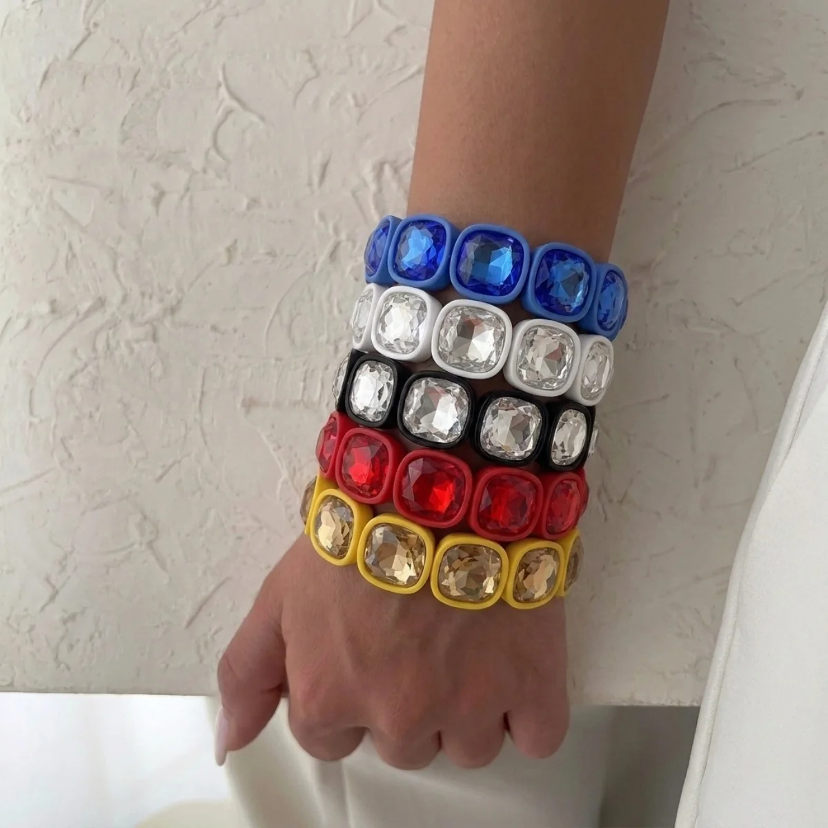 Dopamine Colorful Rhinestone Square Beaded Spliced Bracelets For Women Men Simple Cute Charm Geometric Bangle Party Jewelry Gift
