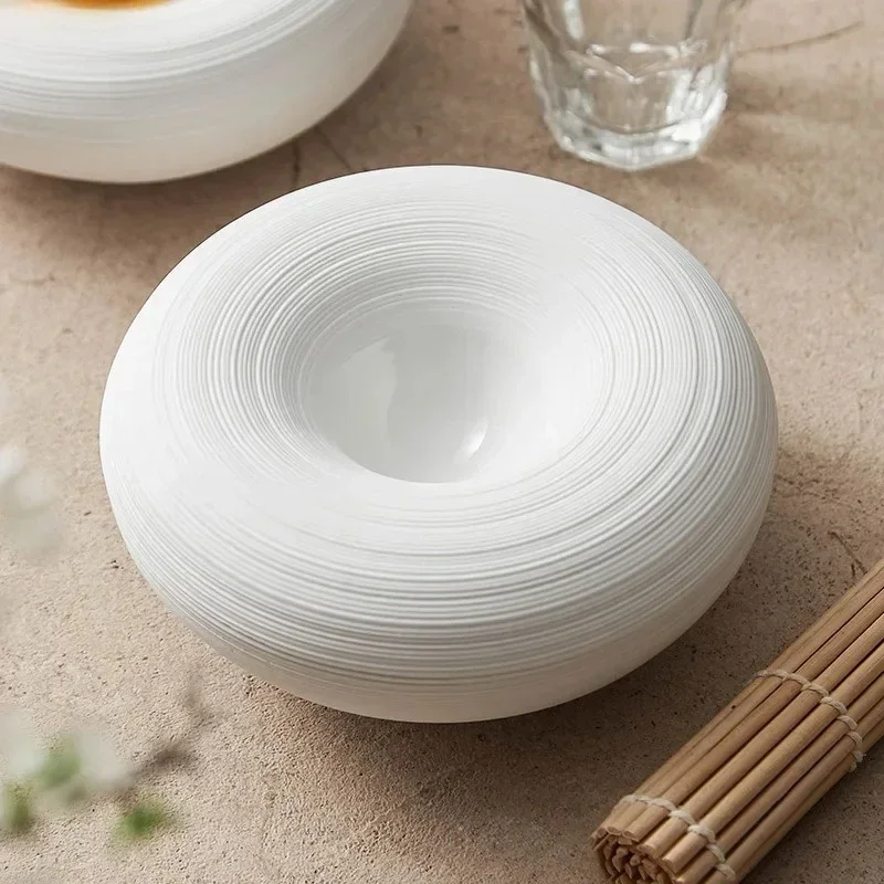Round Line Serving Dish Ceramic Dishes Double Layer Insulation Circular Thicken Soup Plate Snack Dish Fish Restaurant Tableware