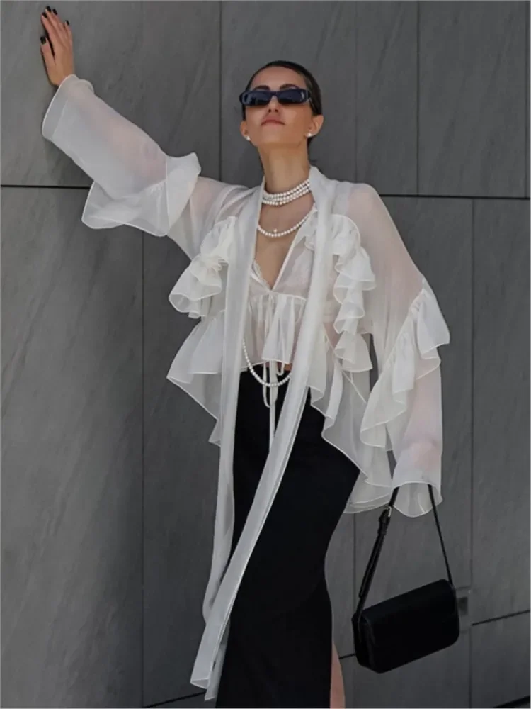 

Ruffled Ribbon Tencel Shirt For Women Sexy See-Through V Neck Long Sleeve Blouse Female New Summer Chic Loose White Shirts