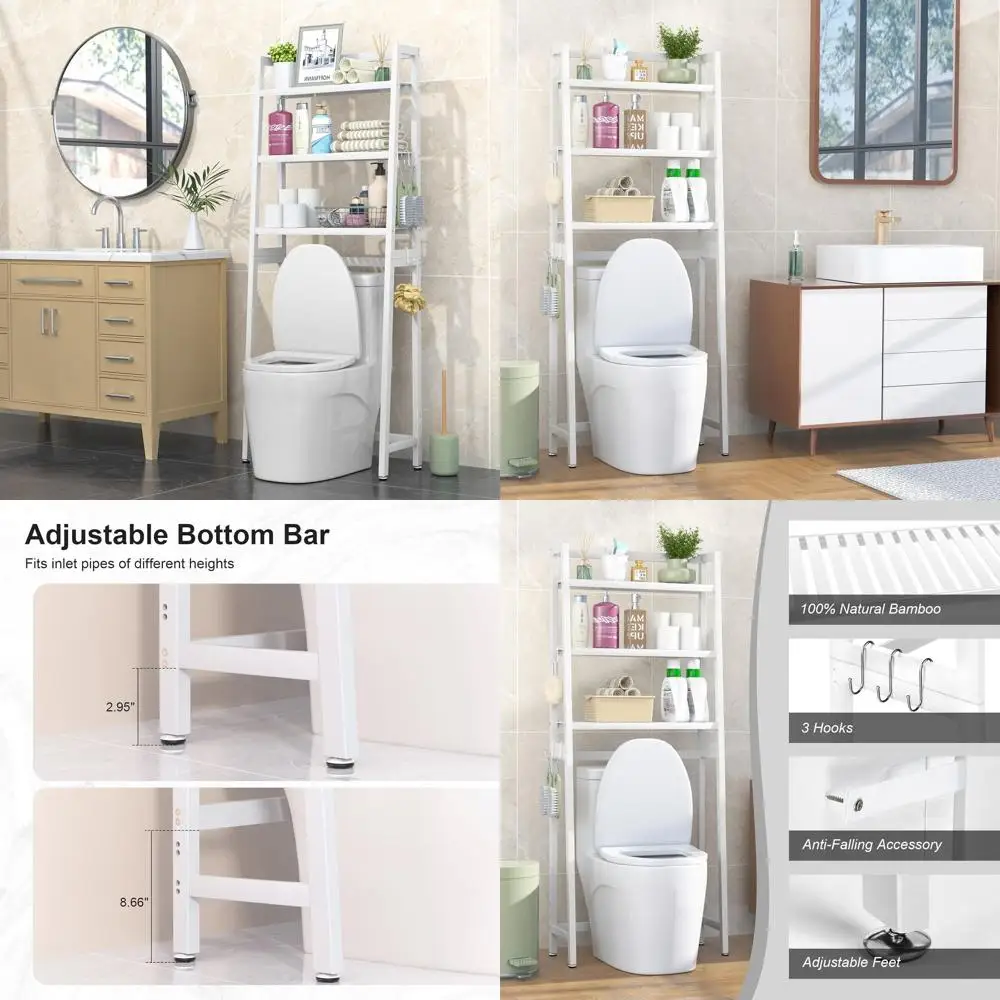 

Трехуровневый бамбуковый шкаф для хранения над унитазом с крючками, белый