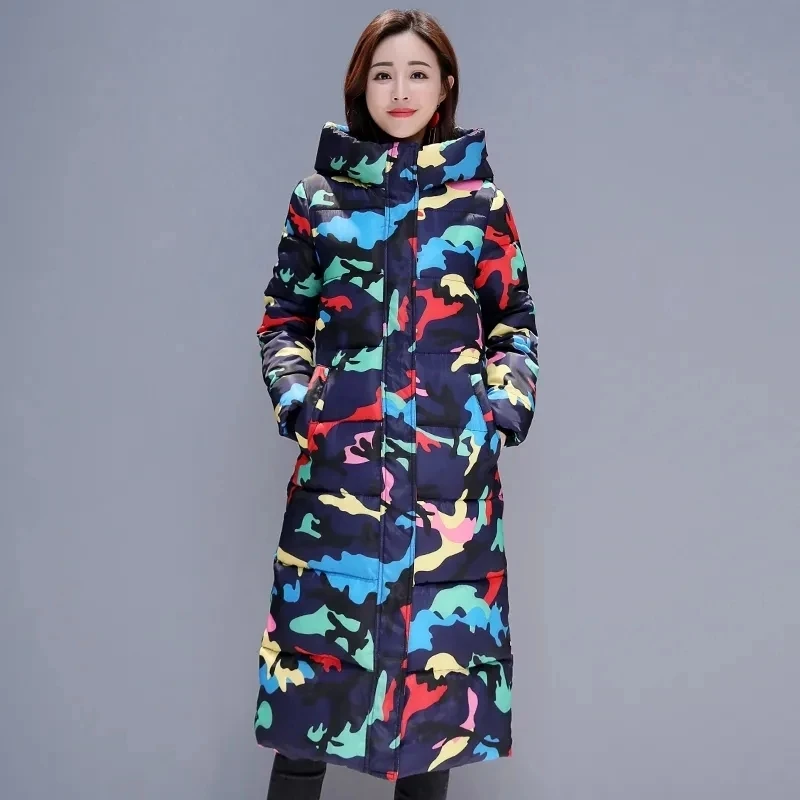 New Fashion Cool Camouflage Print Long Jacket for Women Bubble Coat Winter Thick Warm Outerwear Puffer Overcoat