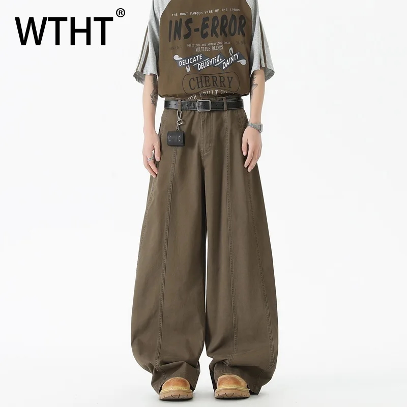 

WTHT Vintage Men's Solid Color Loose Spliced Design Pants Fashion High-waisted Wide Leg Trousers Male 2025 Autumn 2A1811