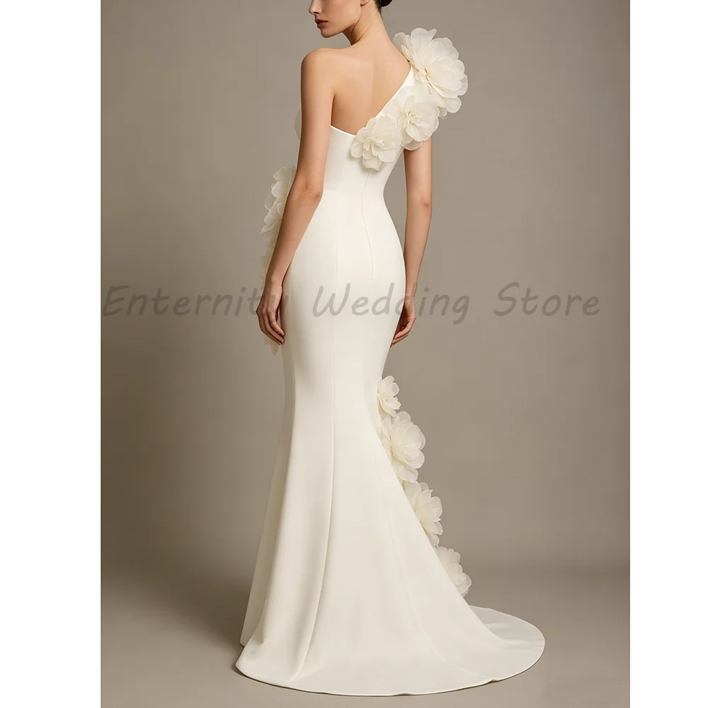 White Strapless Wedding Dress 3D Organza Flower Applique Satin Mermaid Bridal Evening Gown With Small Train