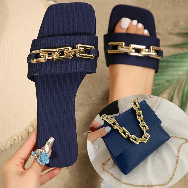 New Chain Flat Slippers For Women In Plus Size Wearing Cloth Sandals Fashionable And Trendy Gold Chain Decoration Crossbody Bag