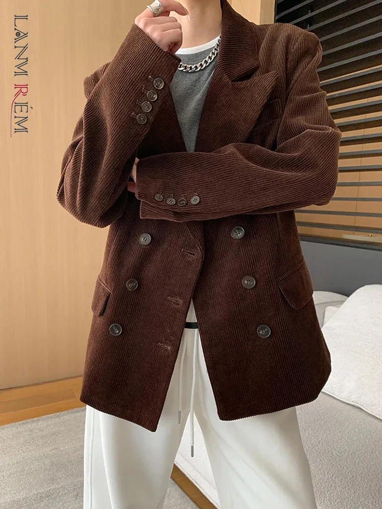 [LANMREM] Corduroy Blazers For Women Notched Double Breasted Long Sleeve Office Lady Vintage Coat 2024 Autumn New 26D9816