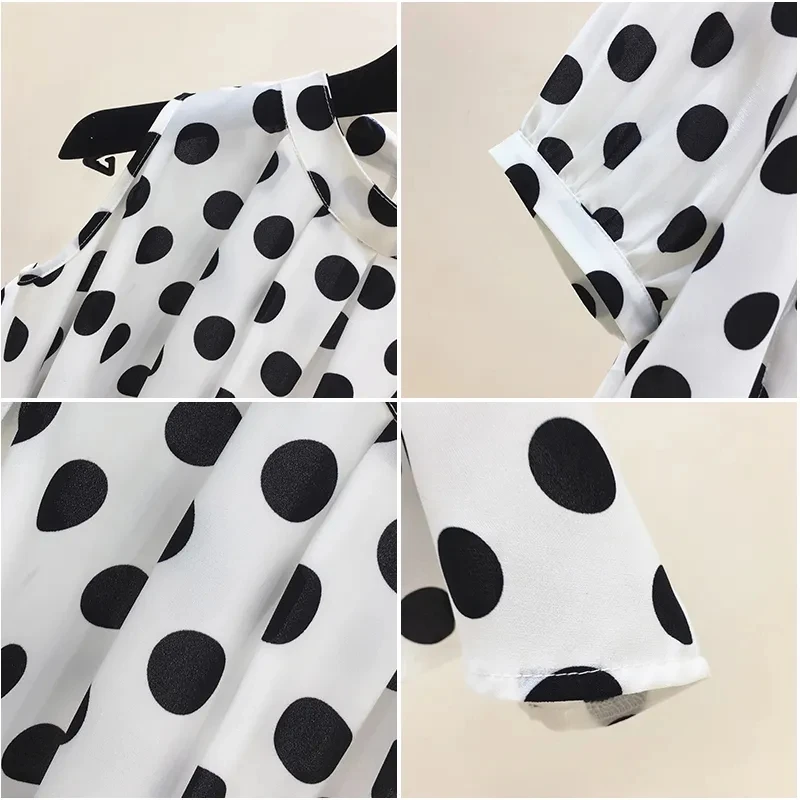 Black Polka Dot Vintage O-Neck Loose Off Shoulder Pullover Chiffon Women\'s Blouse Shirt Korean Fashion Female Clothing Tops 2024