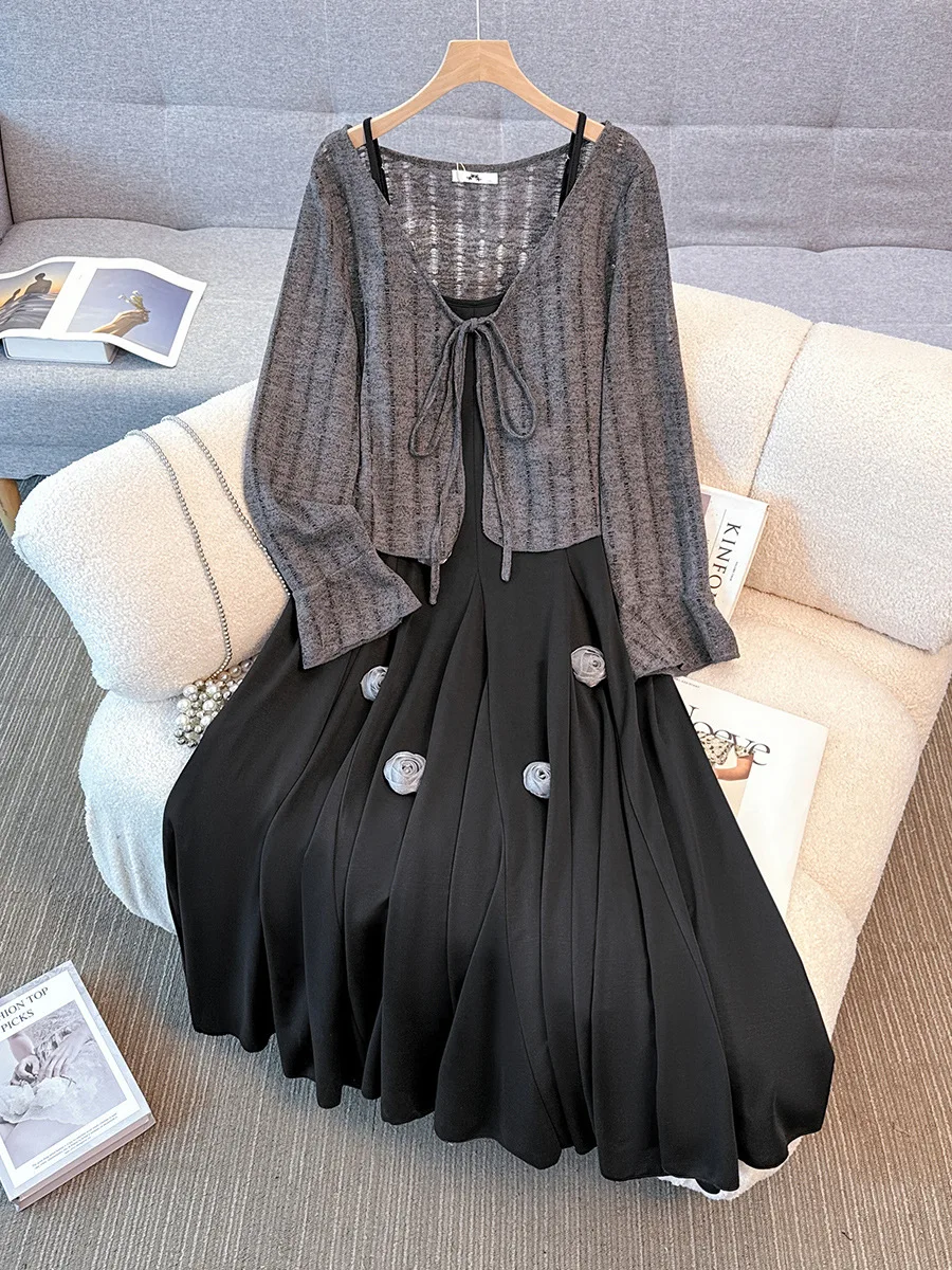 

Женский бюст 150 кг, весна-осень, платье-бретелька в стиле ретро, 150 кг, кардиган, комплект из двух предметов 5XL, 6XL, 7XL, 8XL, 9XL