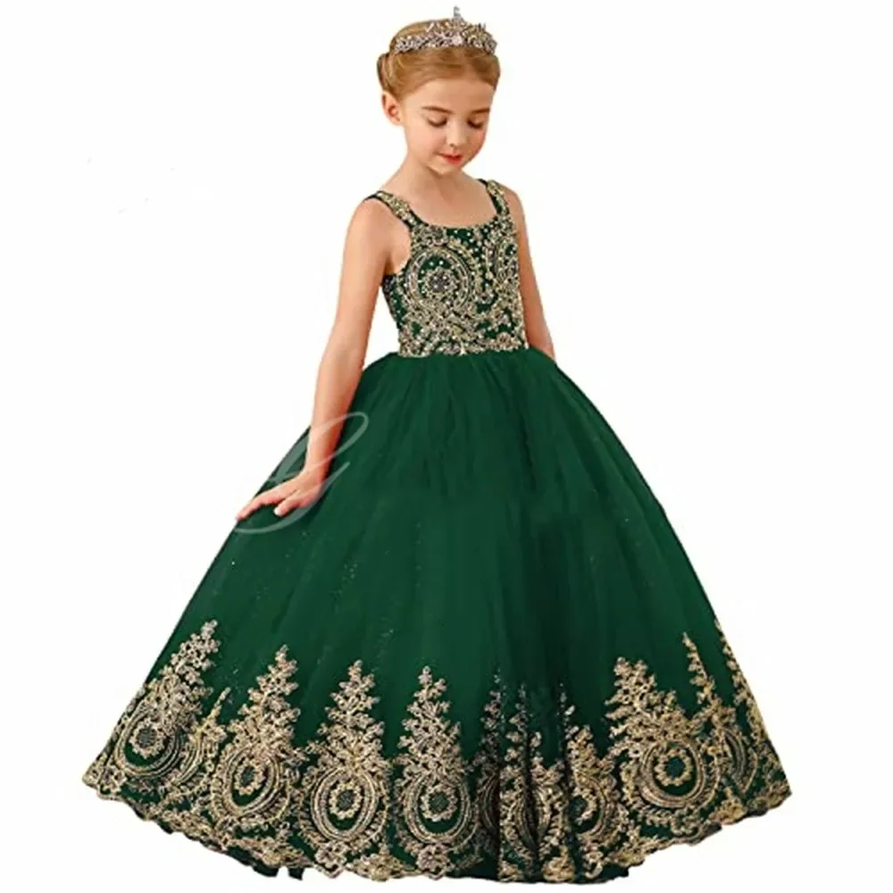 Emerald Green Flower Girl Dresses for Wedding Long Tulle Pageant Ball Gown Birthday Gold Appliques Princess Party Girl Dress