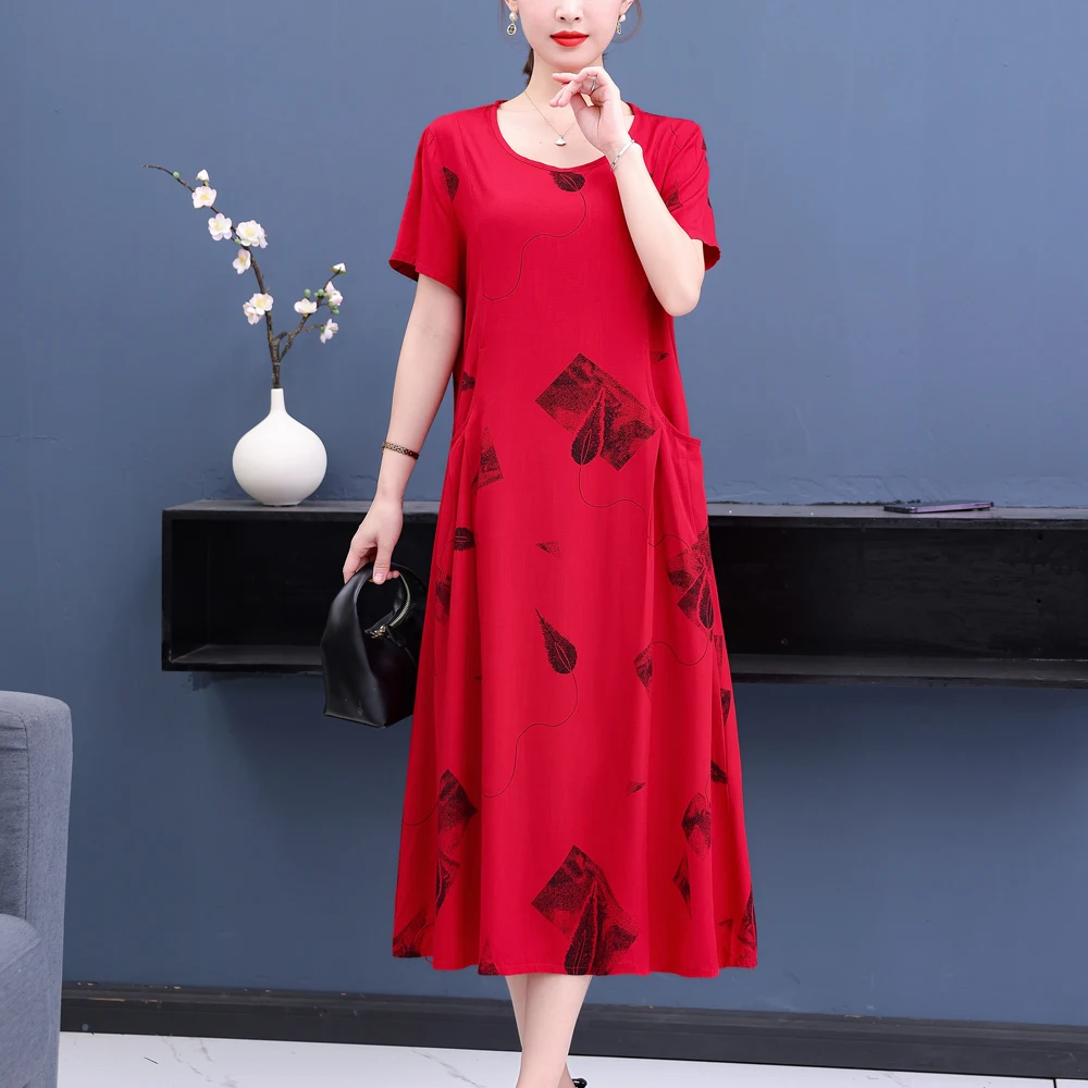 New Fashion Casual 2023 Summer Elegant Dresses For Women O-Neck Print Vintage Short Sleeve Dress Loose Women Clothing