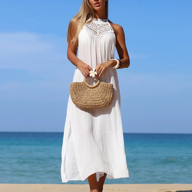

Summer Vacation Sun Protection Beach Cover-Up Dress, Casual Loose-Fitting Side Slit Sundress, Comfortable Plain Design