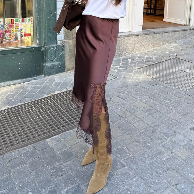 Elegant Lady Y2k Long Silk Slip Skirt Women Lace Trim Satin Maxi Skirt Asymmetrical Slit Flowy Satin Midi Skirts Streetwear