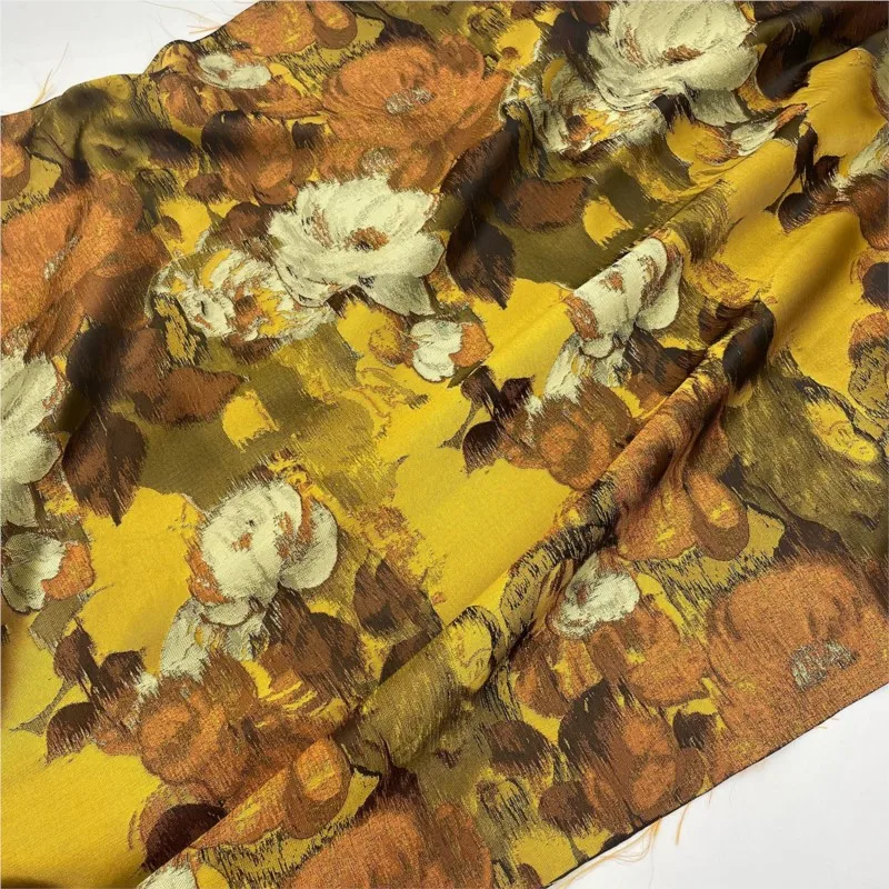 Chinese-style yellow-brown oil-colored woven artistic jacquard fabric dress made of Hanfu designer