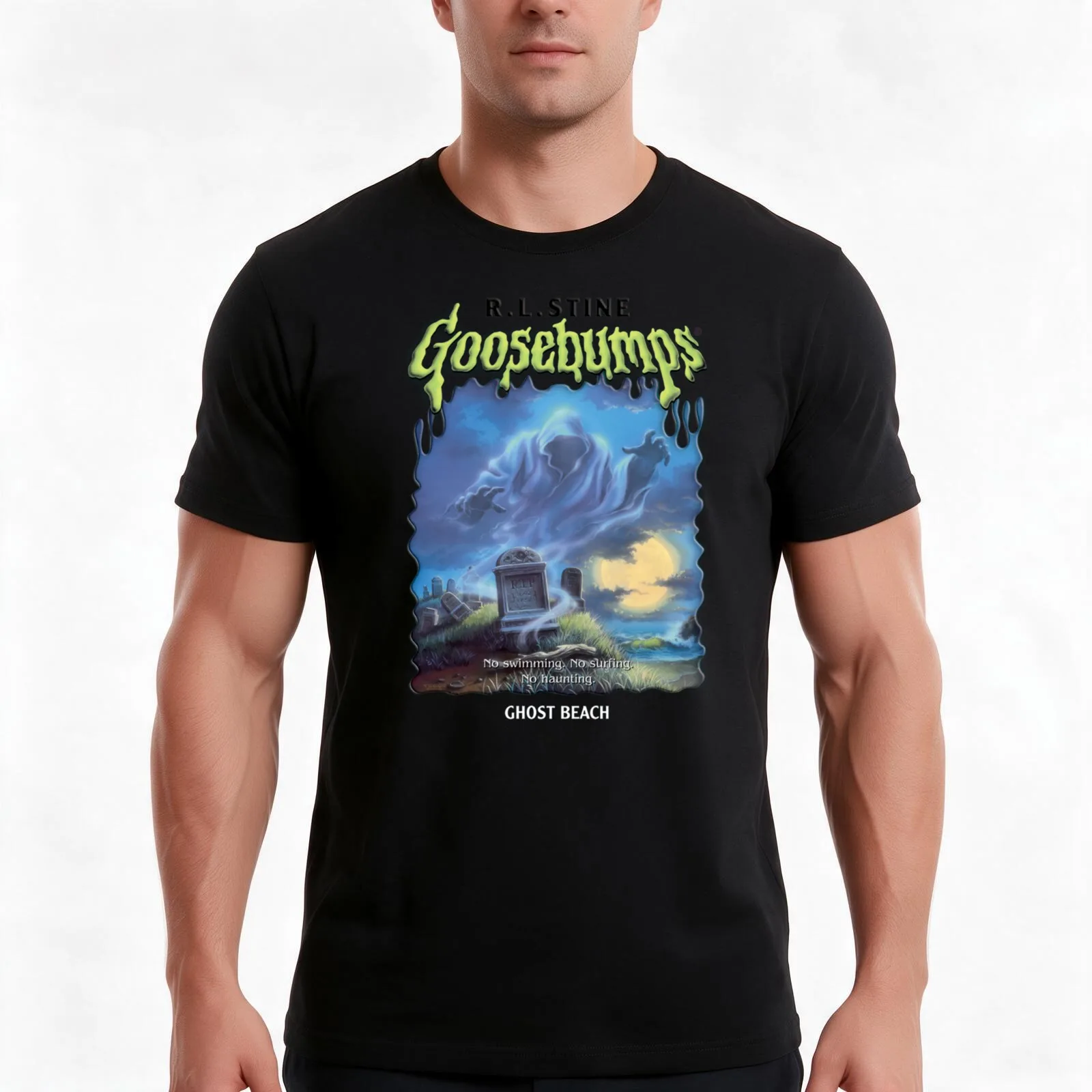 Ghost Beach Goosebumps T-Shirt, Summer Casual Cotton Tee, Oversized Streetwear Tops, Vintage Graphic Print, Unisex Men Women