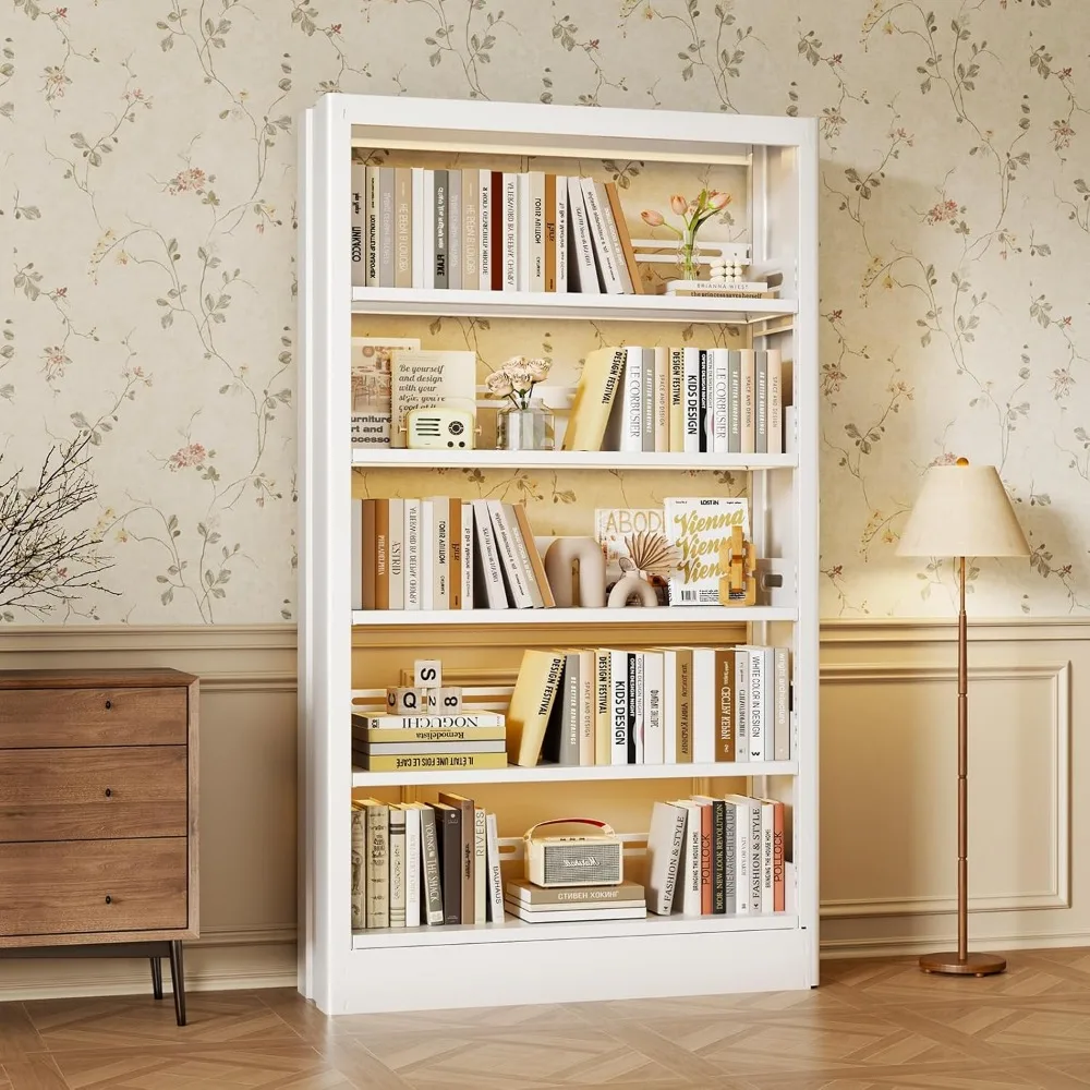 

Metal Bookshelf, 5-Tier Bookcase with Adjustable Storage Shelf, 71 Tall Bookcases Heavy Duty bookcase with Bookends, Modern Book