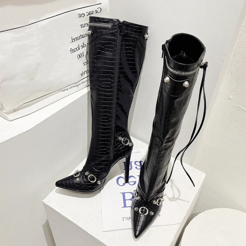 

Fashion Slim Tassel Women Knee High Boots Sexy Black Snake Print Pointed Toe Stilettos Heels Metal Rivet Zip Shoes Pumps