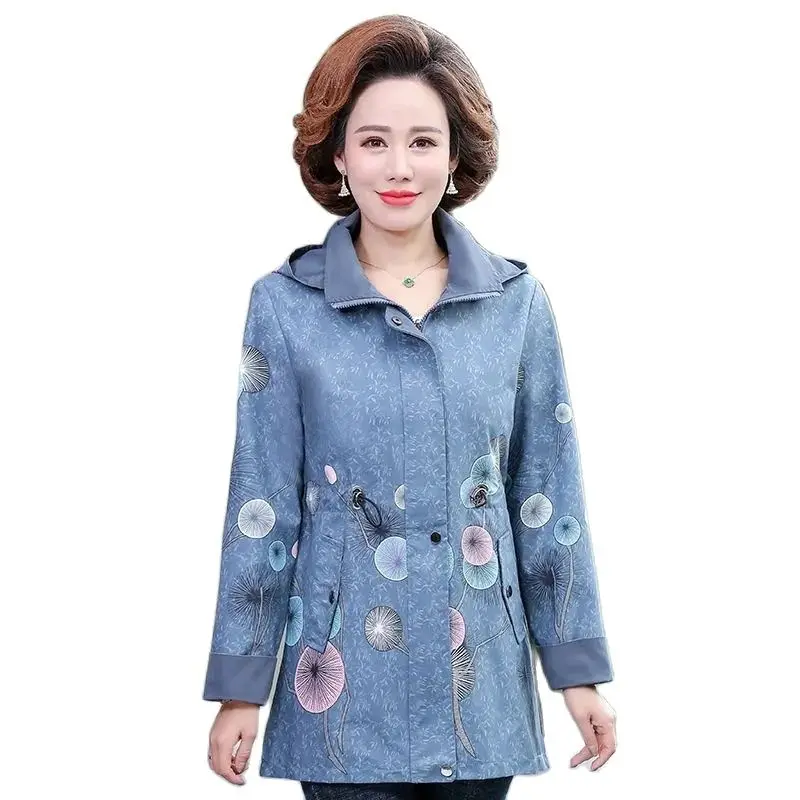 

Middle-Aged Women's Trench Coat 2024 New Spring Autumn Jacket Slim Mother Windbreaker Print Hooded Mid Long Outerwear Female 5XL