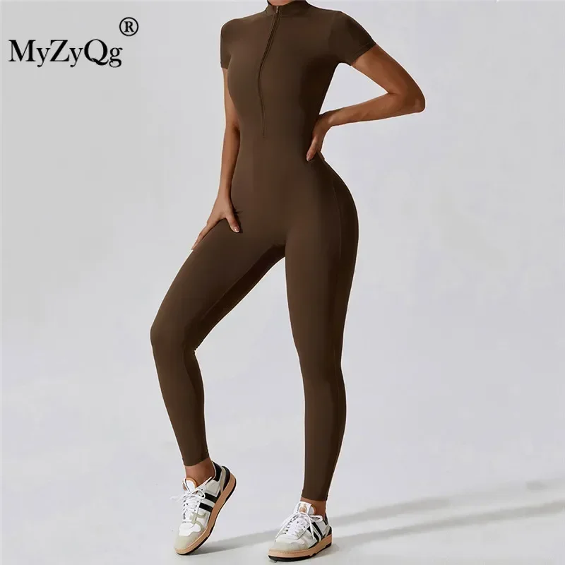 MyZyQg Women Summer Zipper Ballet Dance Aerial Short Sleeve Yoga Jumpsuit Female Dance Fitness Bodyfitting Sports Playsuits