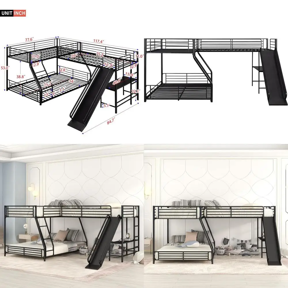 

Двухъярусная кровать L-образной формы с двумя односпальными и одним двуспальным местами, горкой и столом для детей