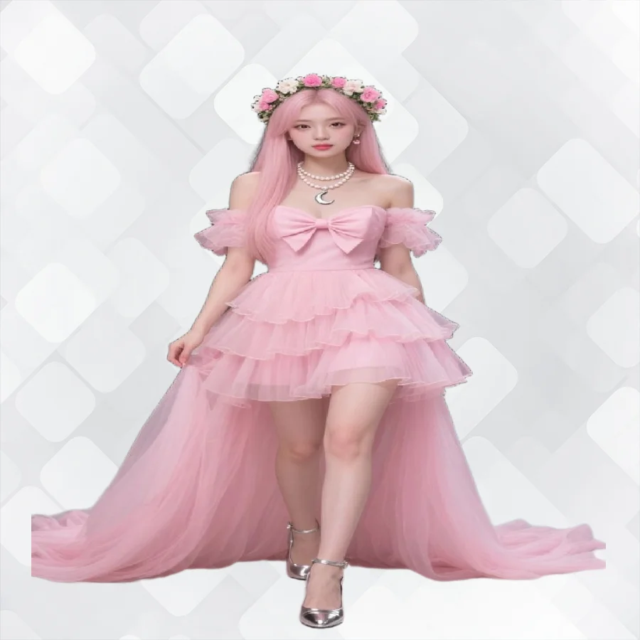 

Charming High Low Pink Prom Dress Short Sleeve Korean Tulle Evening Dress Elegant Boho Homecoming Cosplay Dress 2025 Customized