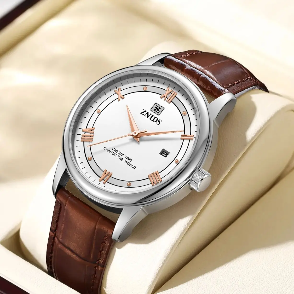 

New Fashion Casual Men's Watch Leather Strap White Dial Date Display Function Waterproof Business Quartz Watch