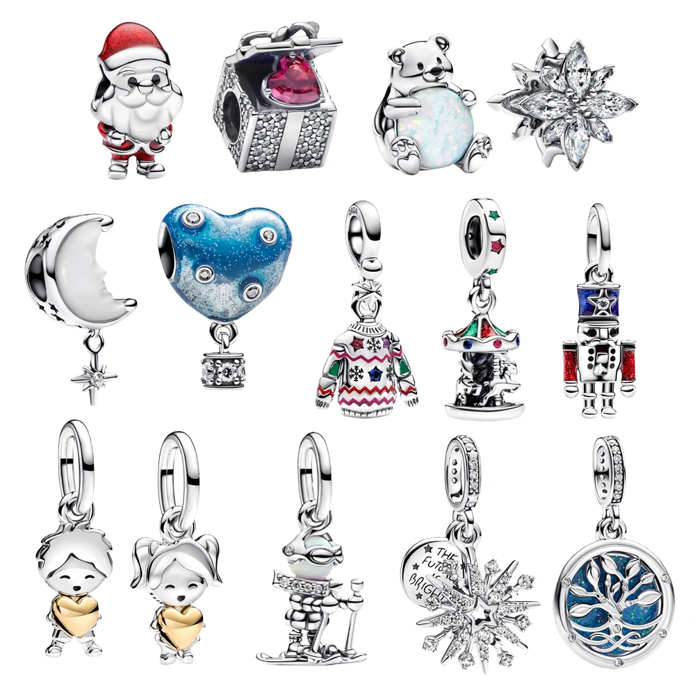 Exquisite 925 Sterling Silver Christmas Tree Santa Couple Boy Girl Carousel Charms Fit DIY Bracelet Necklace Fine Jewelry Gifts