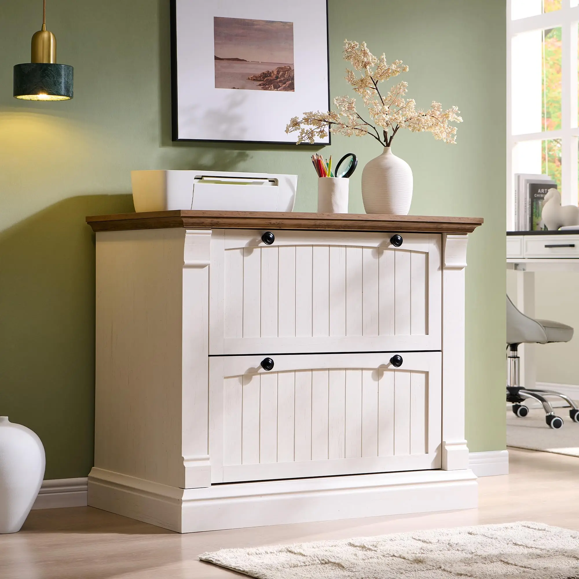 Farmhouse Lateral File Cabinet with 2 Drawers, Antique White | 35.3